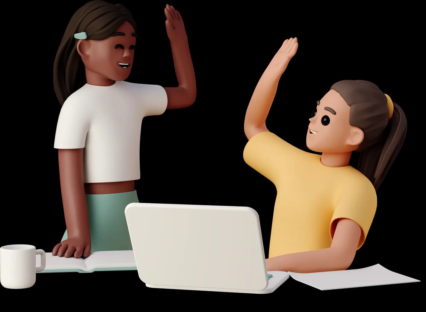 3D illustration of two coworkers high-fiving at a desk