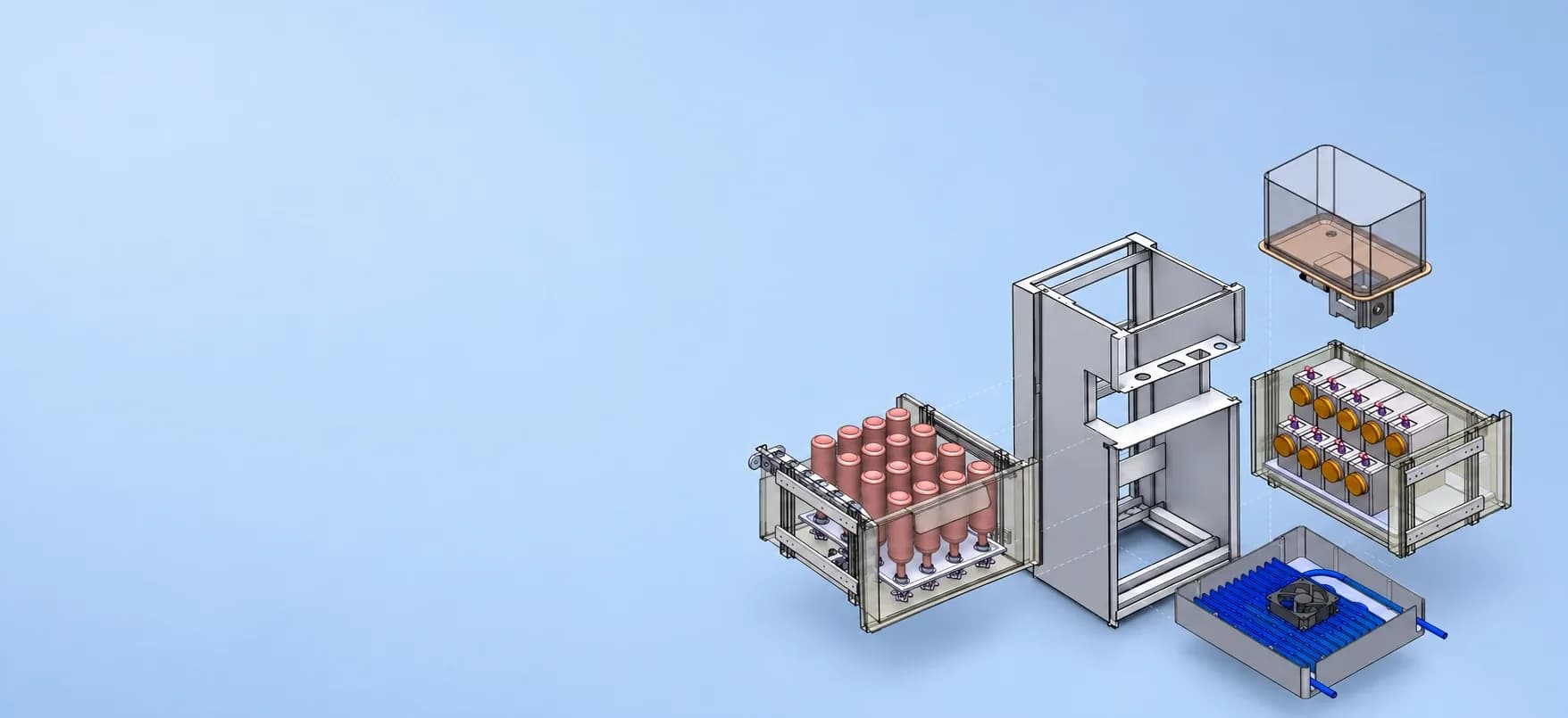 Machined and 3D-printed parts arranged on a light blue background