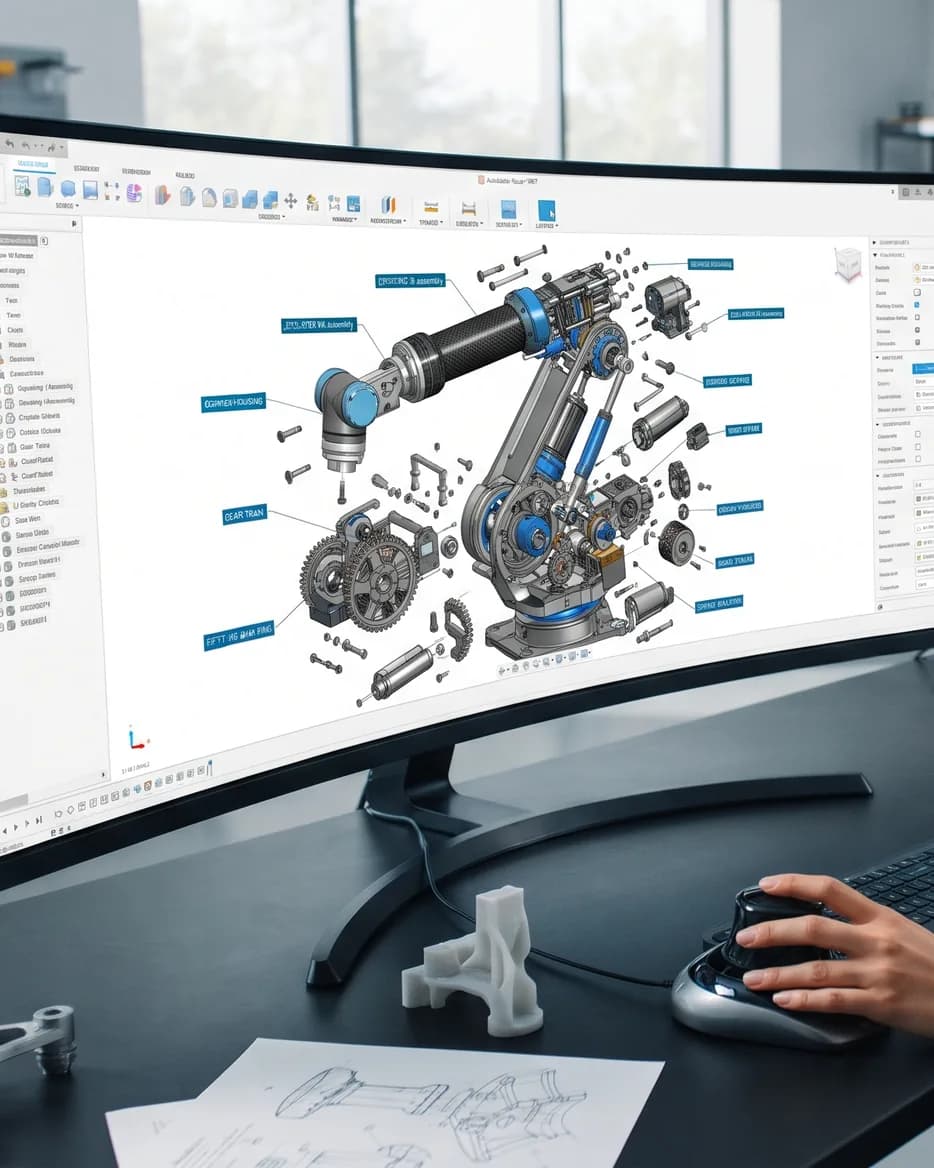 Exploded robot-arm assembly in CAD on a curved monitor, with a 3D-printed part on the desk