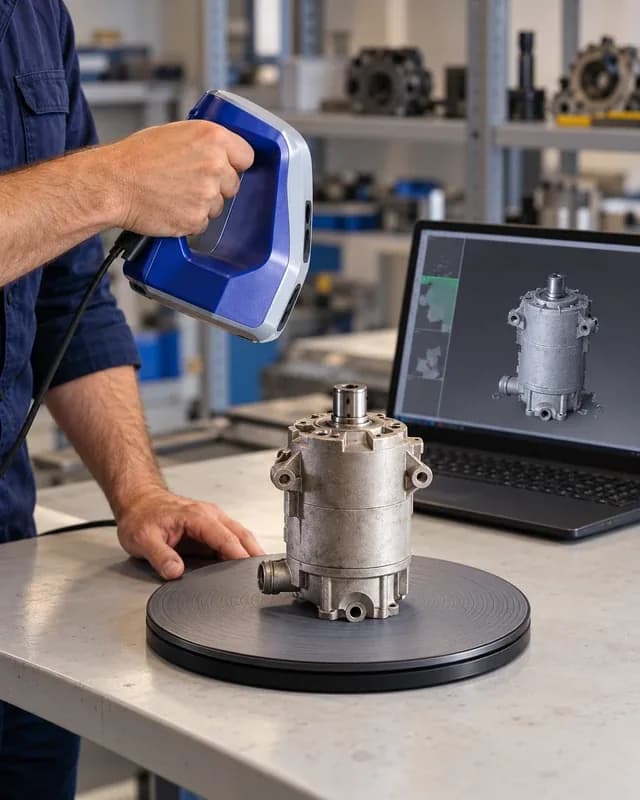 Engineer 3D-scanning a pump housing next to its CAD model on a laptop