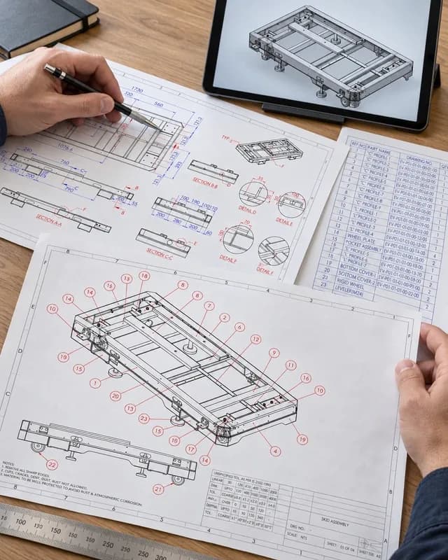 Engineer marking up assembly drawings beside a tablet showing the 3D model