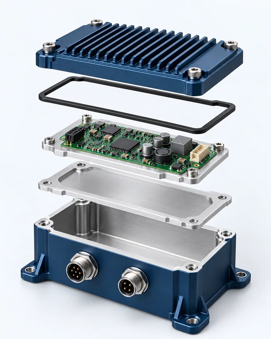 Exploded view of an electronics enclosure with heat-sink lid, gasket and circuit board