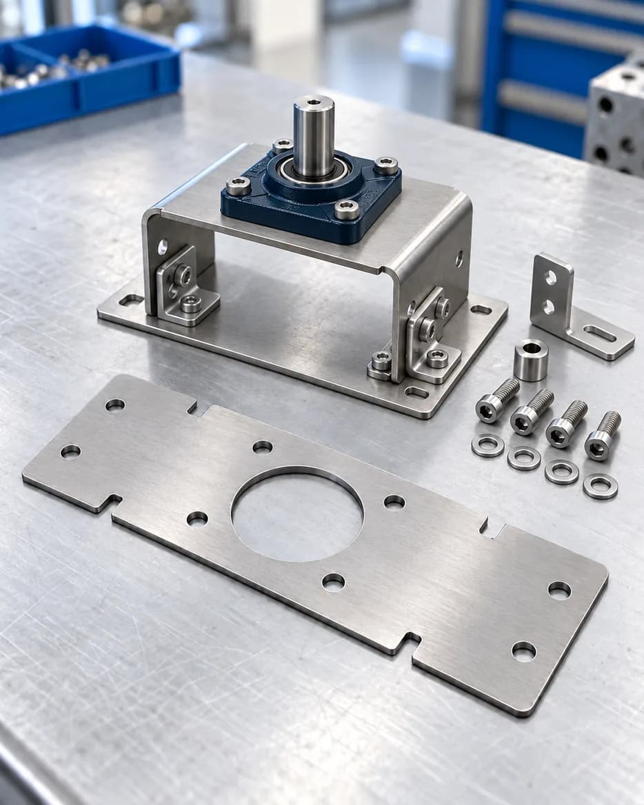 Sheet-metal bracket parts and fasteners laid out for assembly