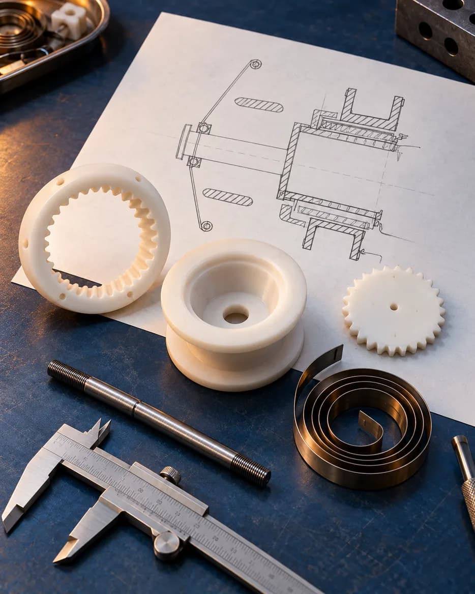Prototype gears, a spring and calipers on technical drawings