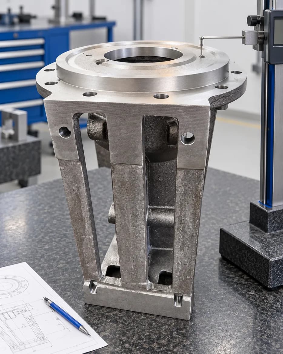 Machined bracket assembly being inspected on a granite surface plate