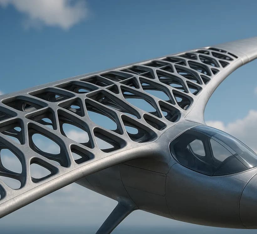 Lattice-structured aircraft wing rendered against a blue sky