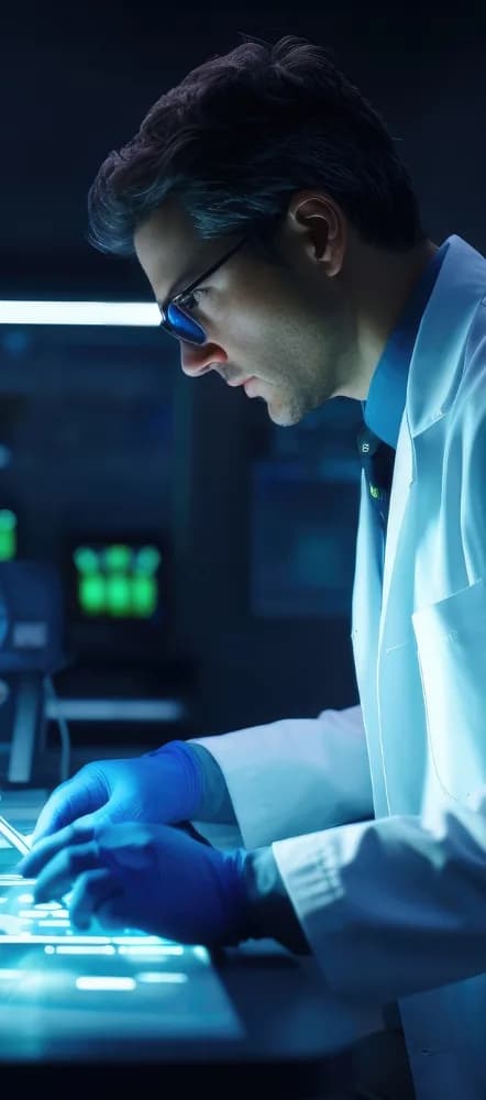 Engineer in a lab coat working at an illuminated workbench