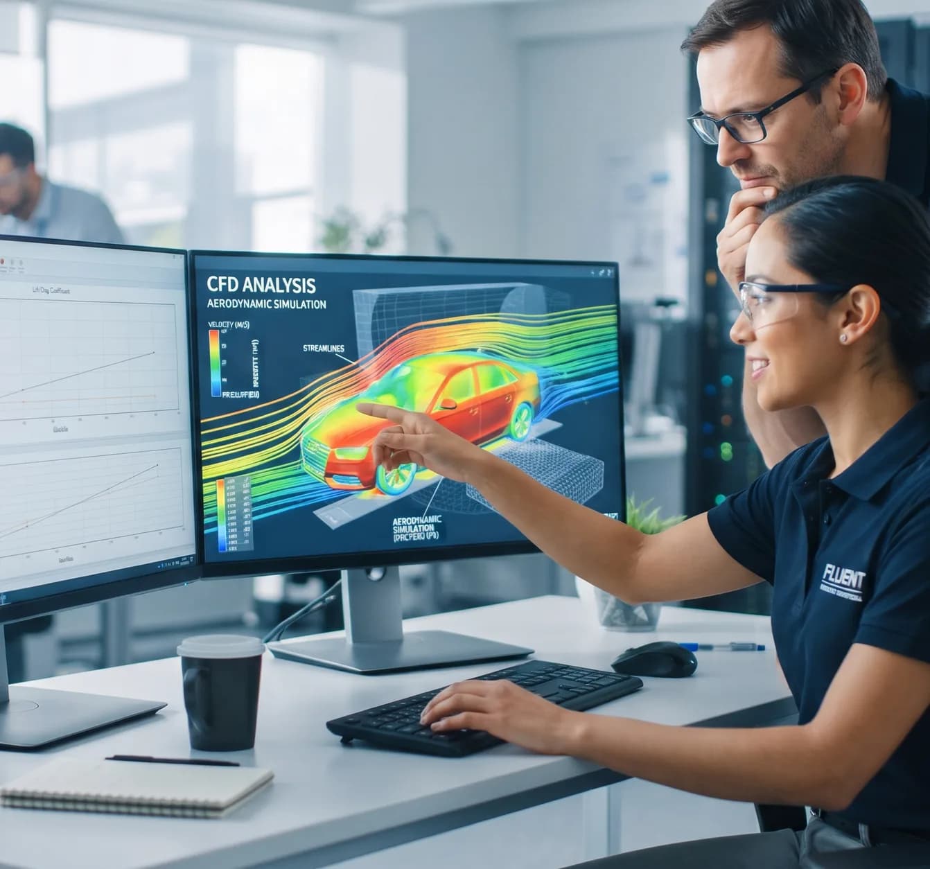 Engineers reviewing a CFD analysis of a car on a monitor