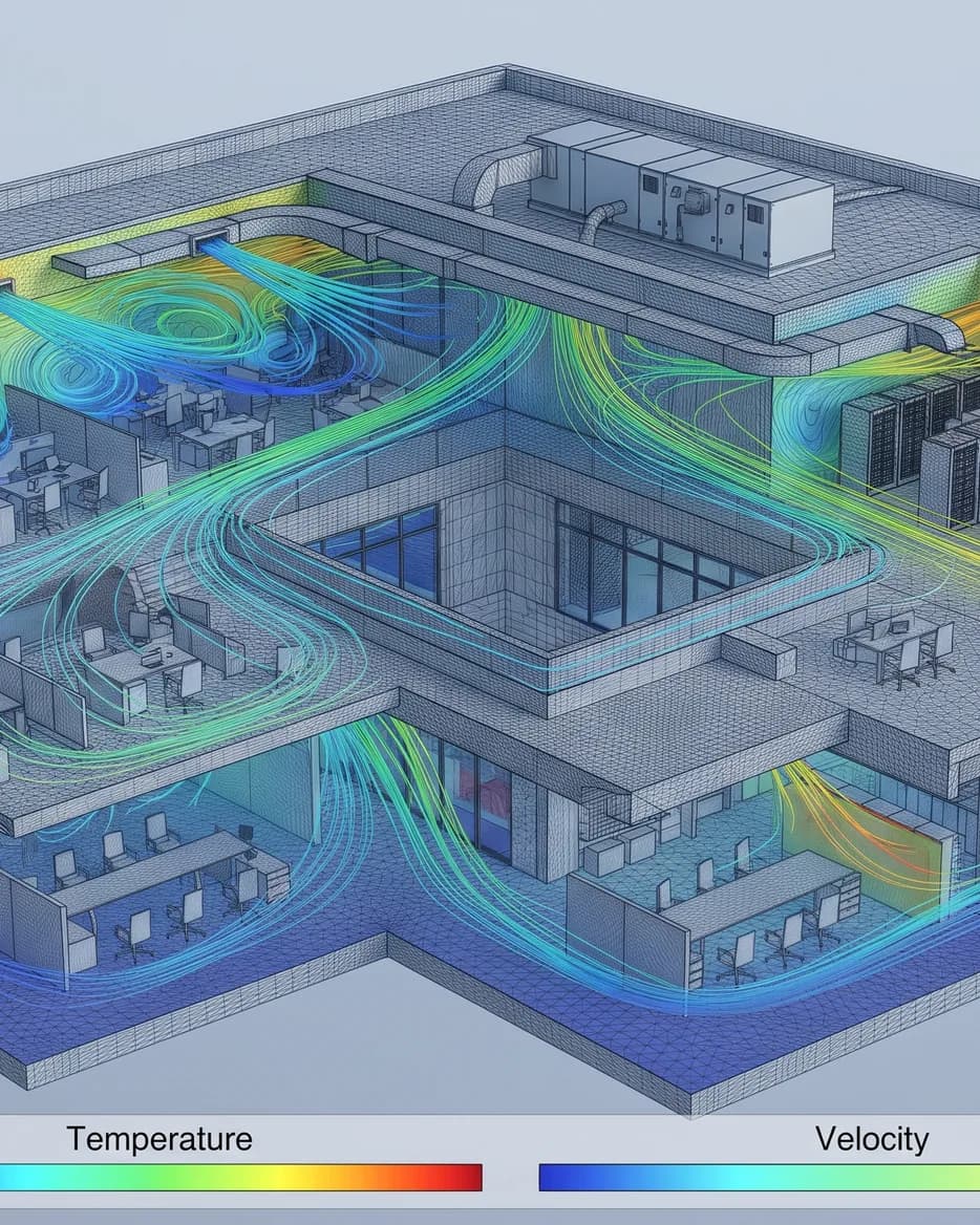 Airflow streamlines through a cut-away building model