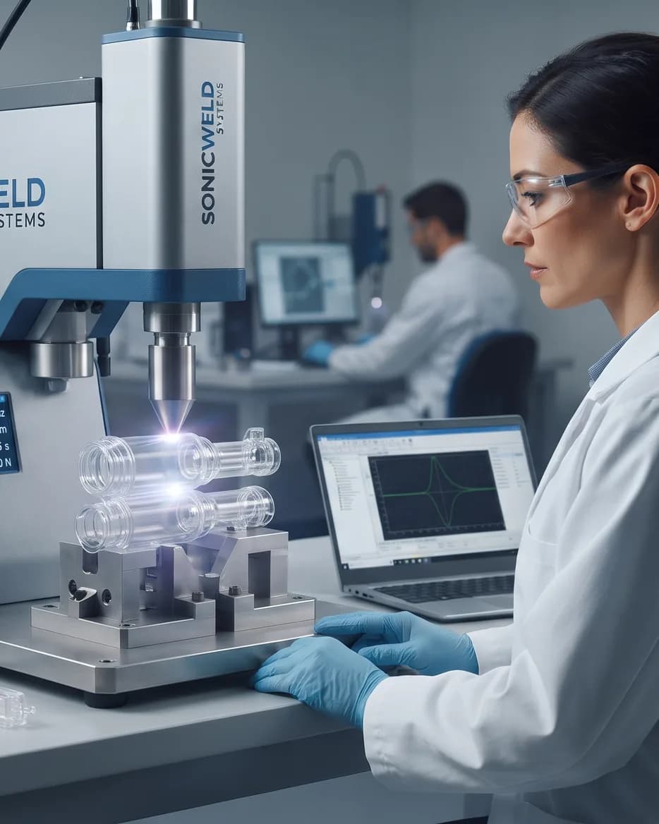 Engineer monitoring an ultrasonic welding station