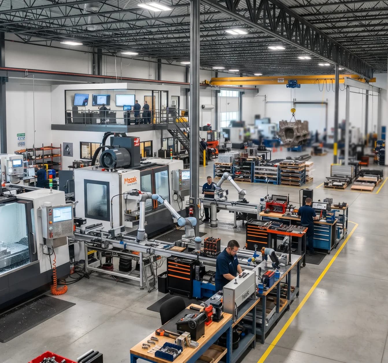 Engineers at work on a CNC machining shop floor
