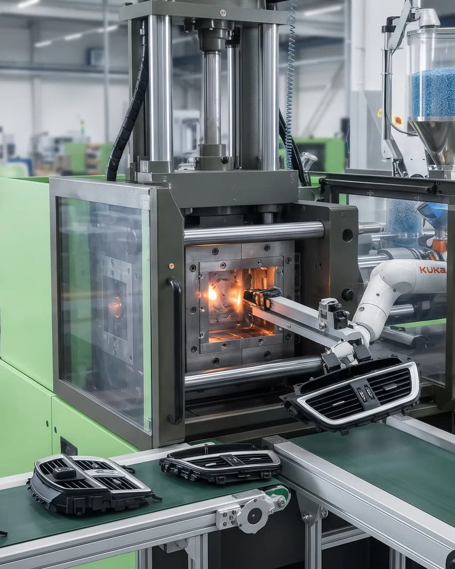 Injection-moulding machine ejecting plastic parts onto a conveyor