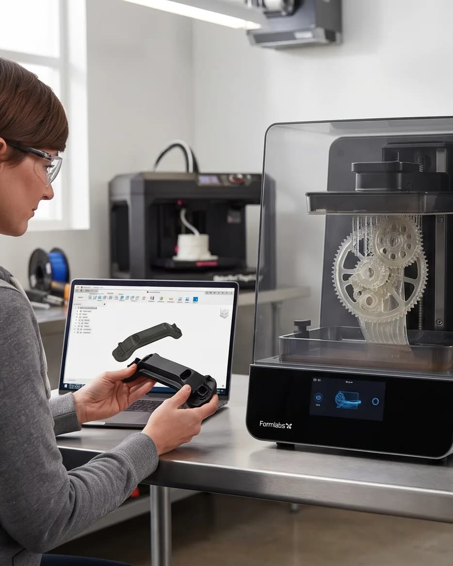 Engineer comparing a 3D-printed part with its CAD model beside a 3D printer