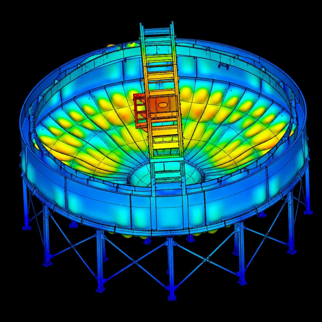 FEA stress plot of a storage tank on its support structure