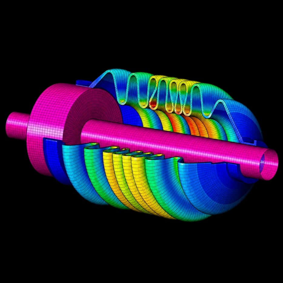 Cut-away stress plot of a shaft and bellows assembly