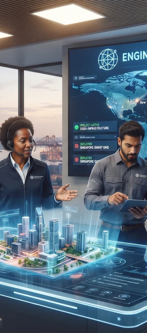 Engineers presenting a holographic city model on a control-room display