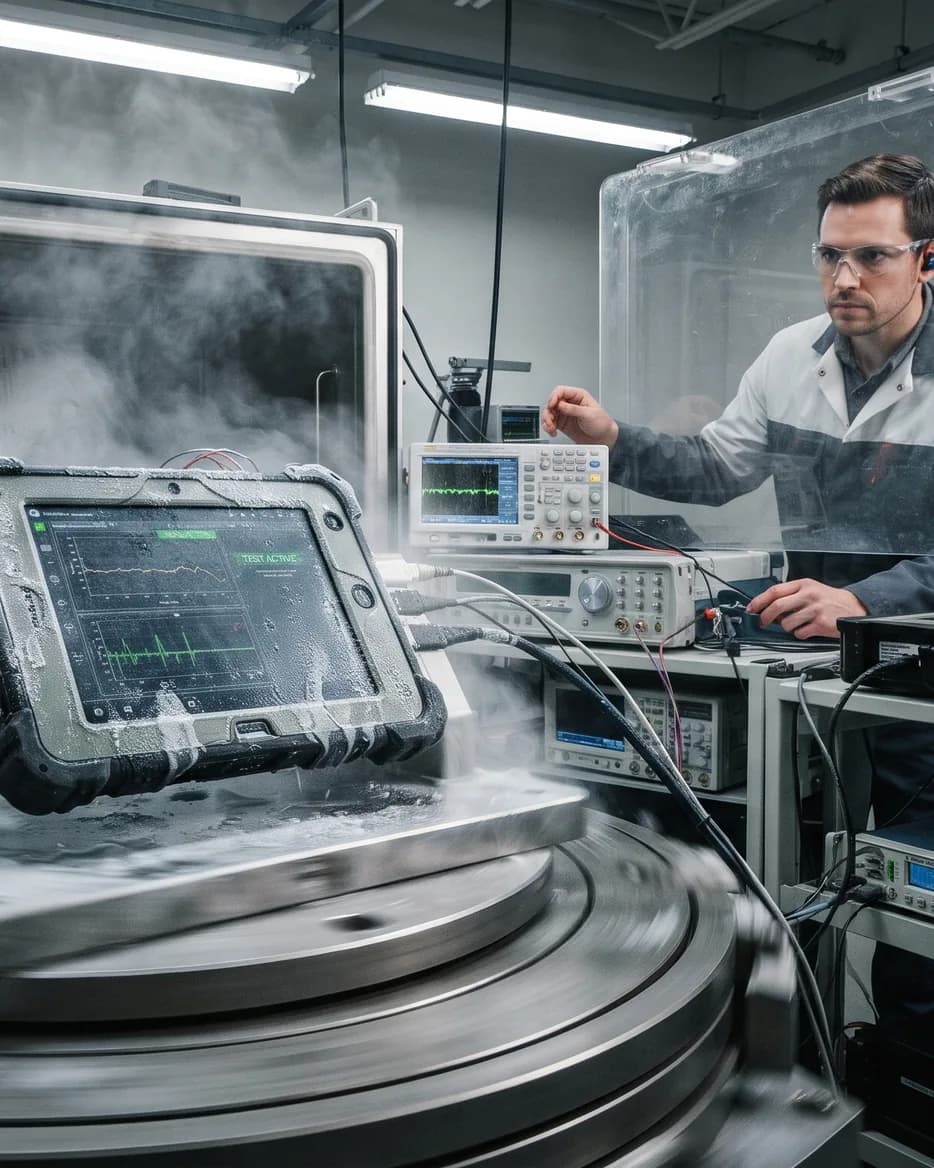 Engineer checking a ruggedised tablet prototype in an environmental test chamber