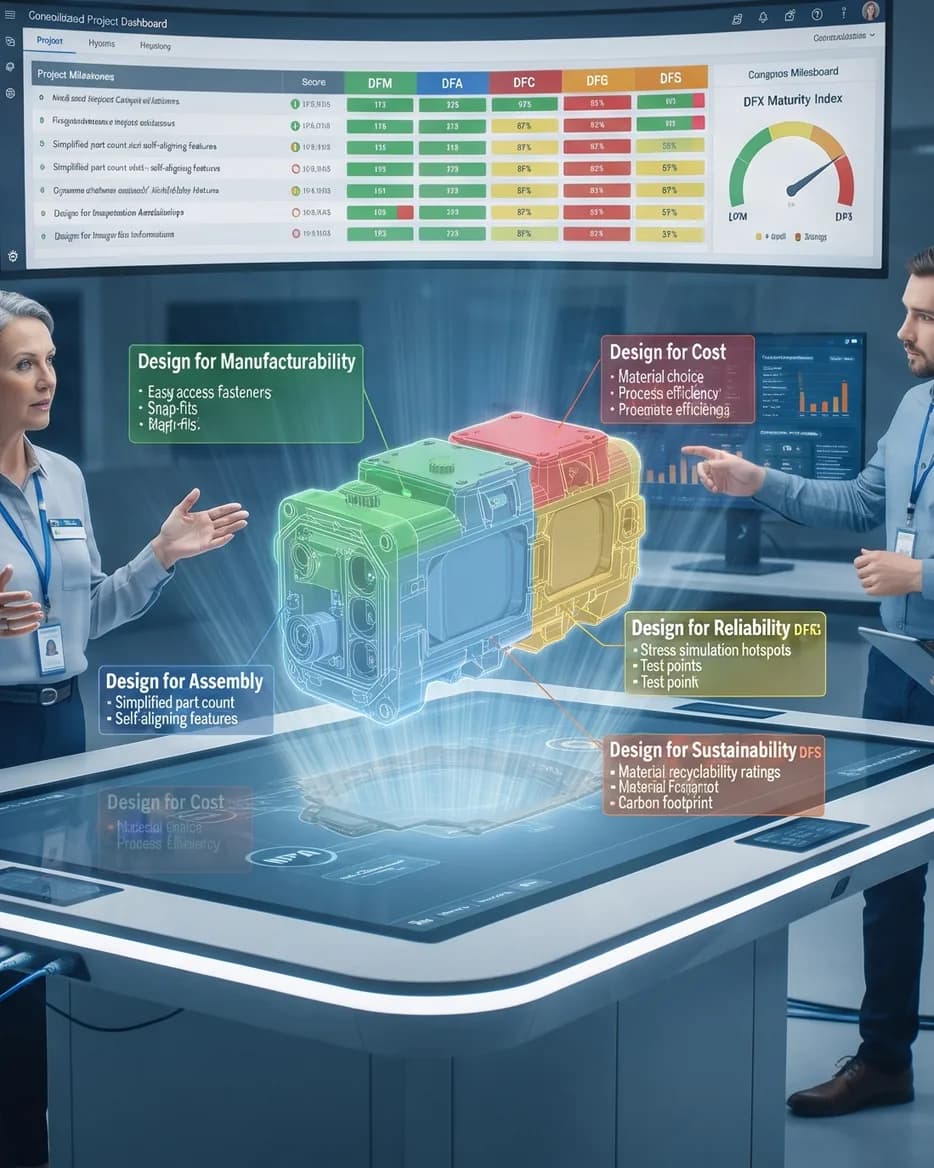 Team reviewing manufacturability, cost and reliability scores around a holographic part