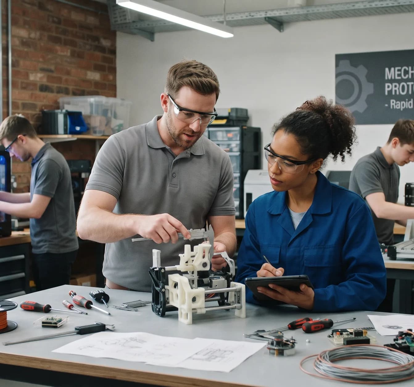Engineers testing a mechanism prototype on a workshop bench