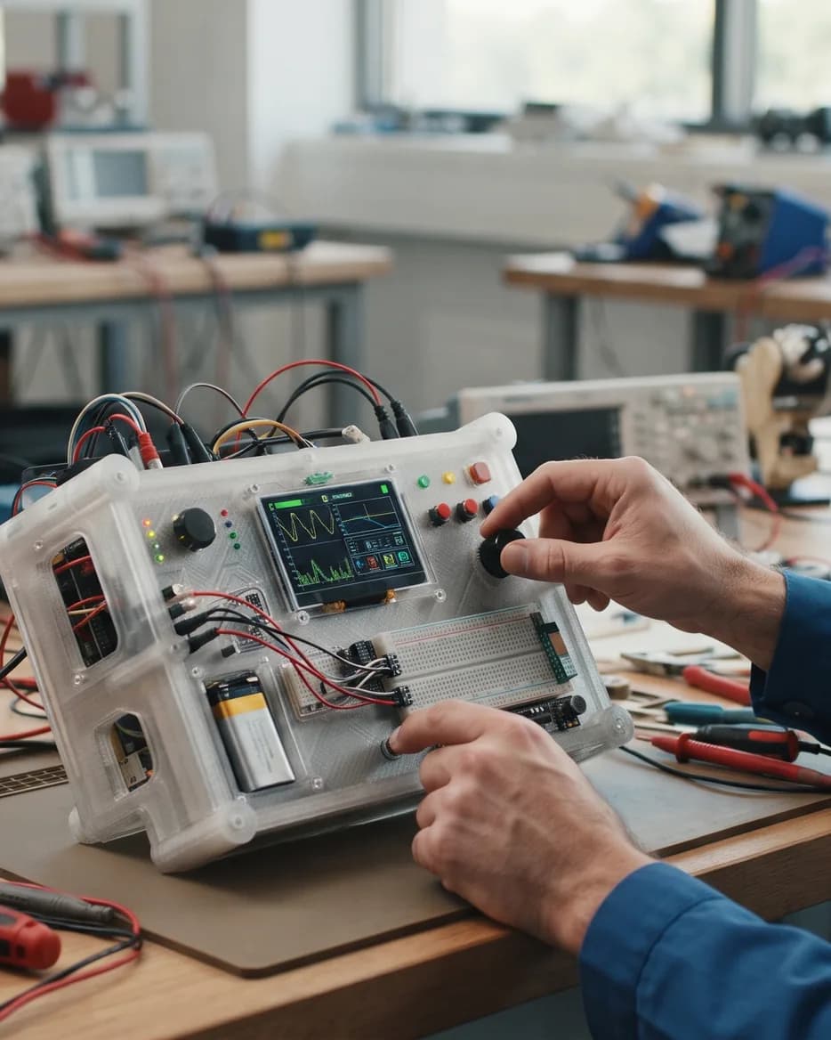Hands adjusting a working electronics prototype in a clear enclosure