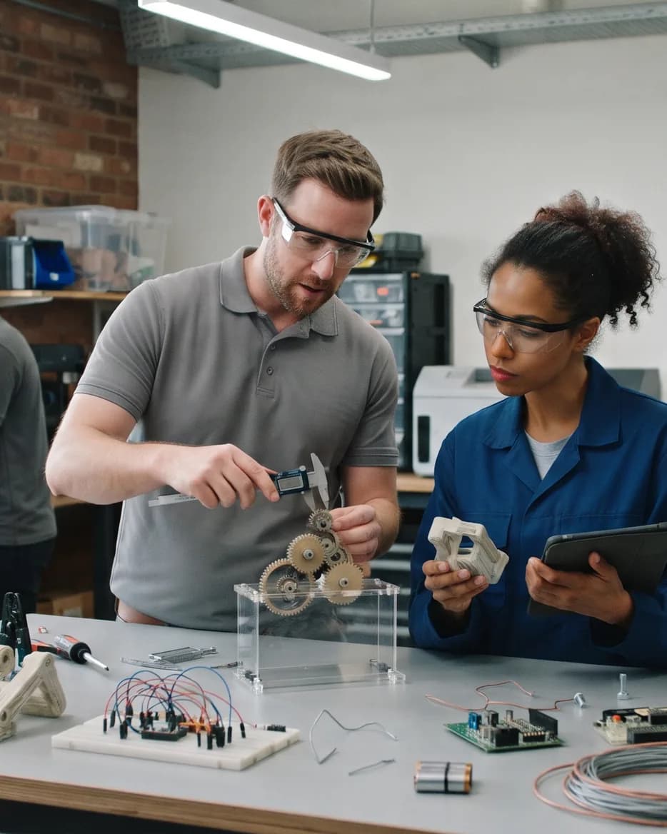 Engineers assembling a mechanism prototype at a workbench