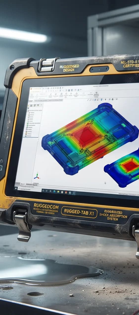 Rugged tablet showing a thermal simulation on a workshop bench