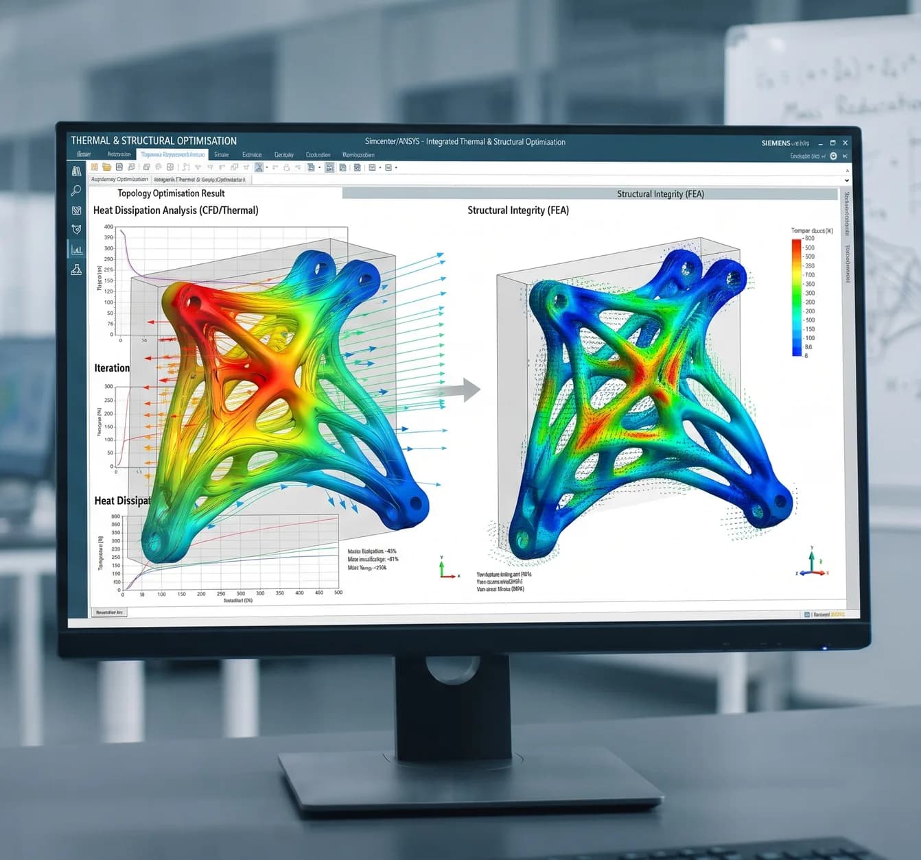 Monitor showing heat-dissipation and structural-integrity results for an optimised bracket